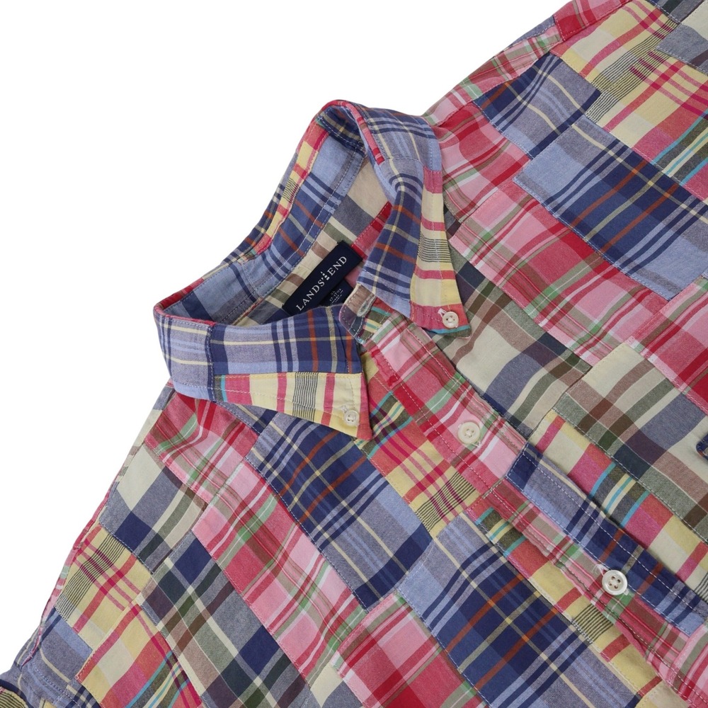 Lands End Mens Patchwork Madras Plaid Short Sleeve Multi Color XL